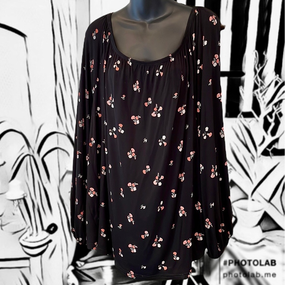 Love & Legend Jersey Peasant Blouse Black Floral Flattering Soft Drape